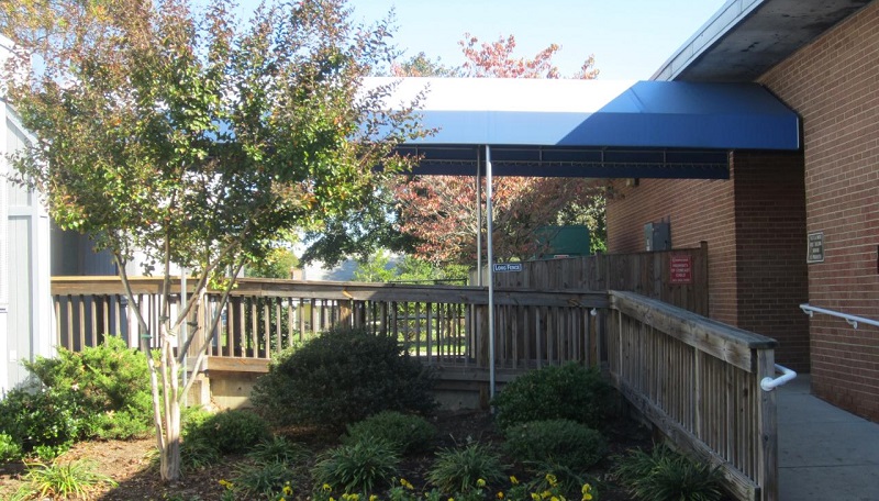 Blue awning over garden entrance with plants.